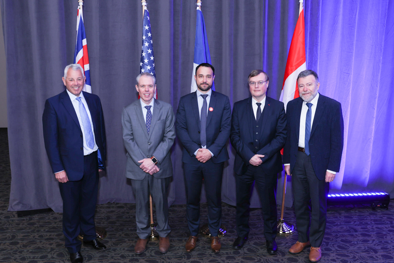 EM Senior Advisor William “Ike” White and officials from the United Kingdom, France and Canada issued a joint statement today at the 2023 Waste Management Symposia to affirm their commitment to continue their longstanding collaboration of cleanup of nuclear legacy sites. From left are Alan Cumming, Group Chief Operations and Performance Improvement, United Kingdom’s Nuclear Decommissioning Authority; White; Christophe Oudot, Director, French Alternative Energies and Atomic Energy Commission; Pierre-Marie Ab