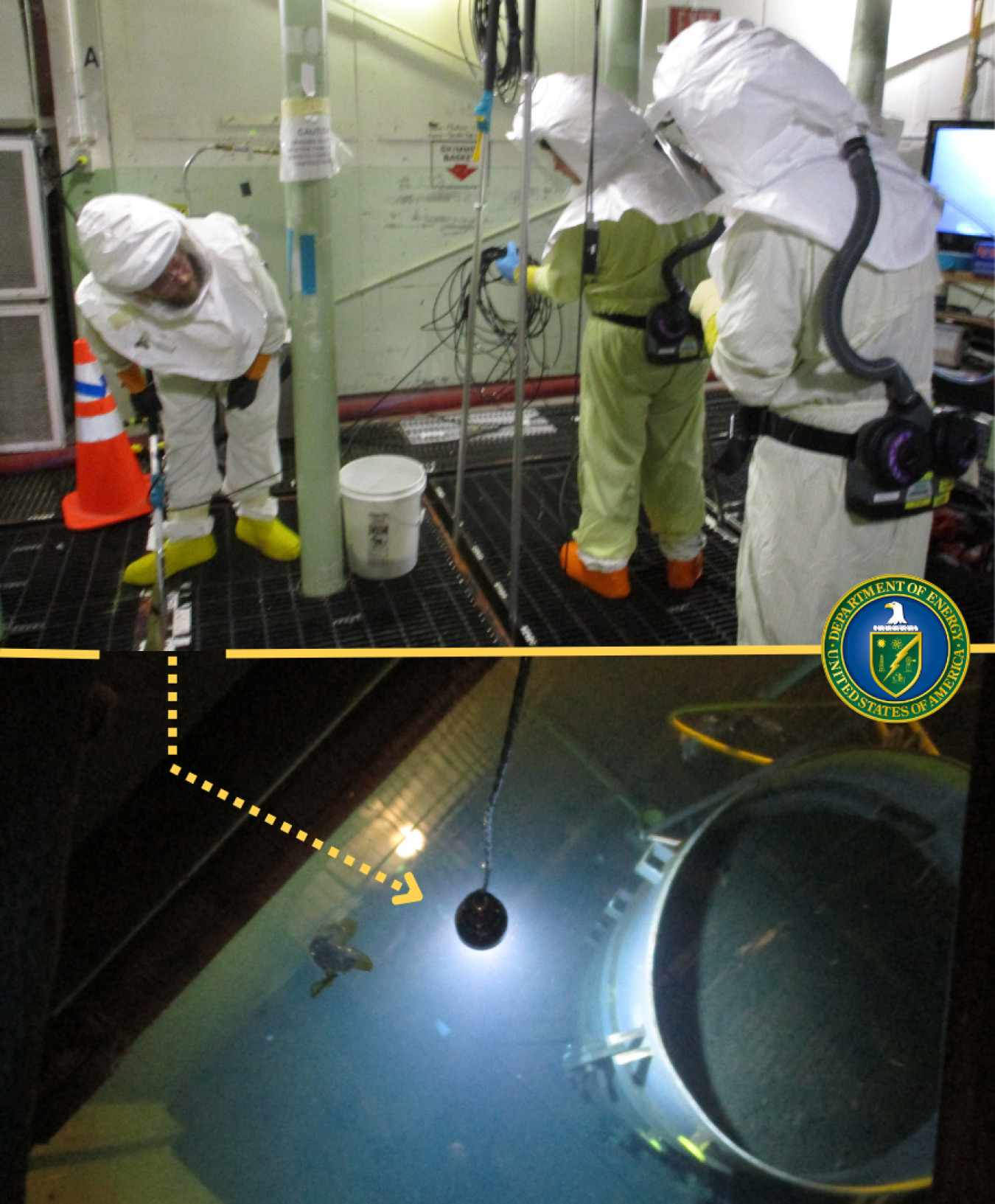 Workers in protective gear and aided by underwater cameras use a long-handled vacuum, at top, to move small pieces of radioactive debris on the floor of the spent-fuel storage basin in the K West Reactor into large steel tubes, immediately above. Separating the contaminated material is a key step toward draining and demolishing the basin.