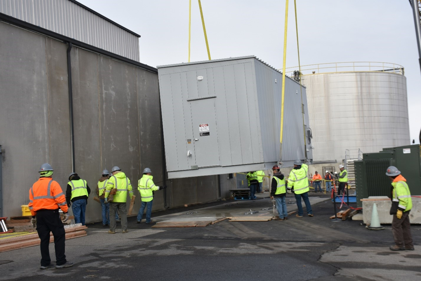 Equipment in this portable electrical facility will distribute additional power needed to run the many upgrades at the Effluent Treatment Facility.