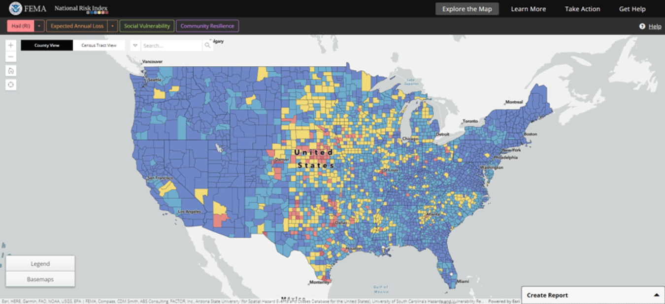 A screenshot of an interactive severe weather map of the United States.