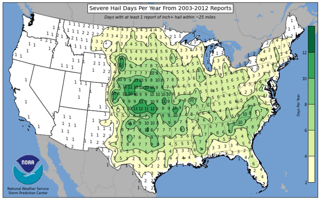 A map reporting severe hail days per year from 2003 to 2012