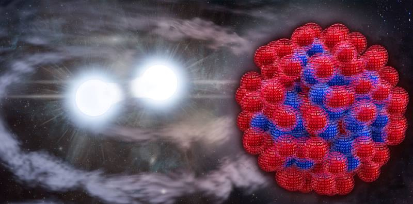 Researchers used supercomputers and statistics to predict properties of the heavy nucleus lead-208, consisting of 126 neutrons (red spheres) and 82 protons (blue spheres). The excess neutrons form a neutron skin. This can help explain neutron star mergers.