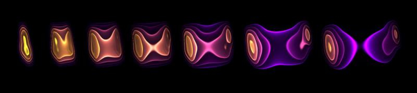 A computer simulation showing a blob of purple with concentric circles, going from purple inward to yellow on the left and right. The circles on the right are smaller and higher up than the ones on the left.