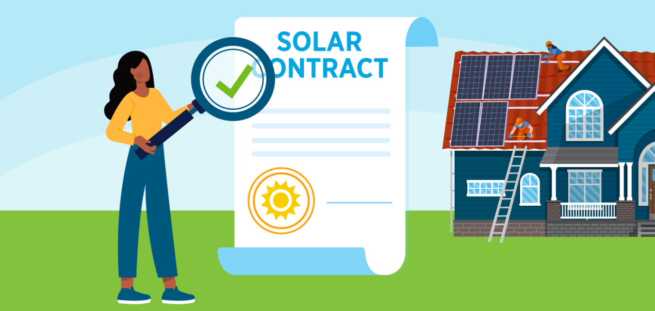 A consumer reviews a solar contract with a magnifying glass. In the background is a house with rooftop solar panels being installed.