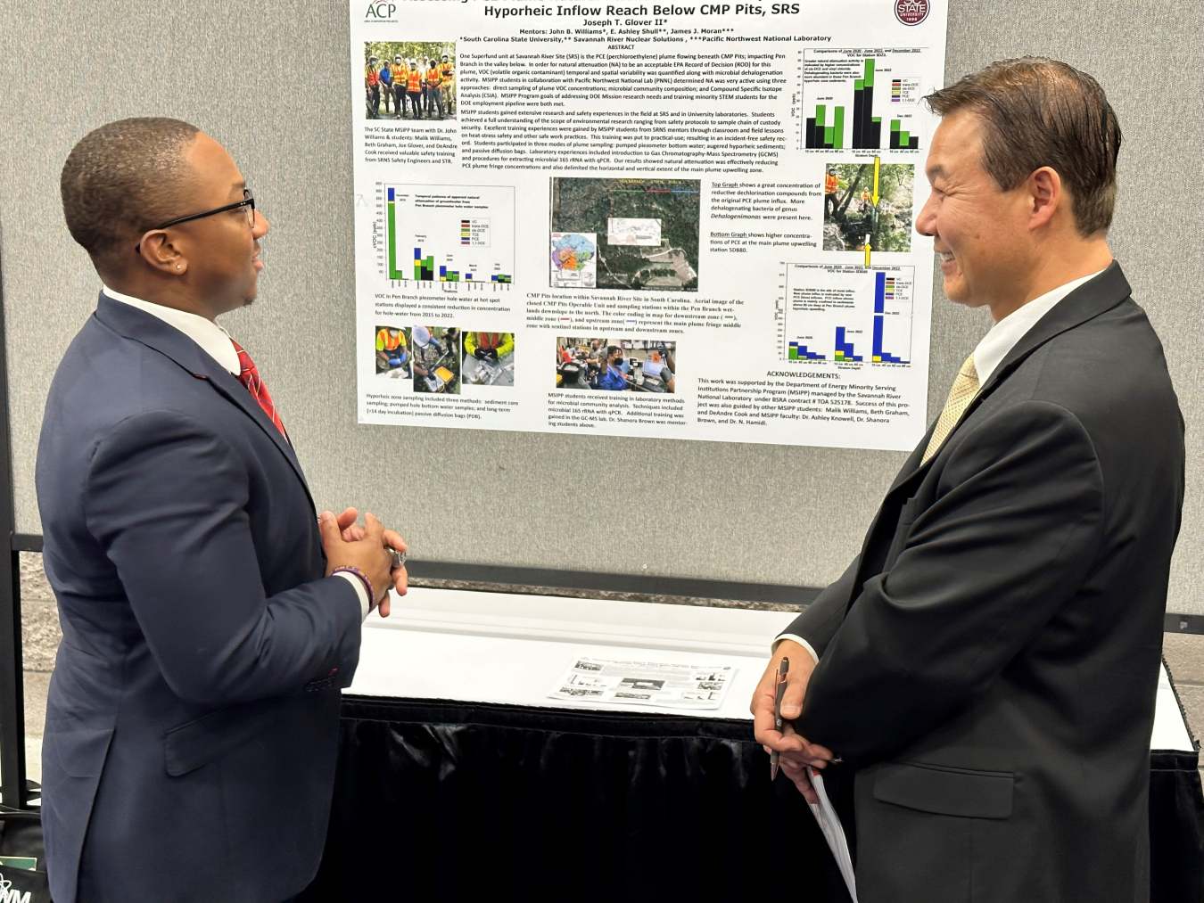 Joseph Glover II, left, a student at South Carolina State University, presents his poster to John Moon, the EM Minority Serving Institutions Partnership Program (MSIPP) manager in EM’s Office of Technology Development. Moon served as a judge in the EM MSIPP Poster Contest at the 2023 Waste Management Symposia. The contest gave students and interns in the EM MSIPP an opportunity to showcase their research. 