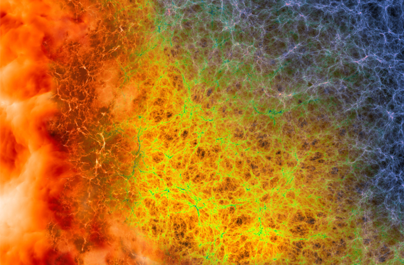 An artist’s composite of images from Nyx-generated cosmic web simulations, showing dense filaments of matter surrounded by vast voids representing a span of hundreds of millions of light years. 