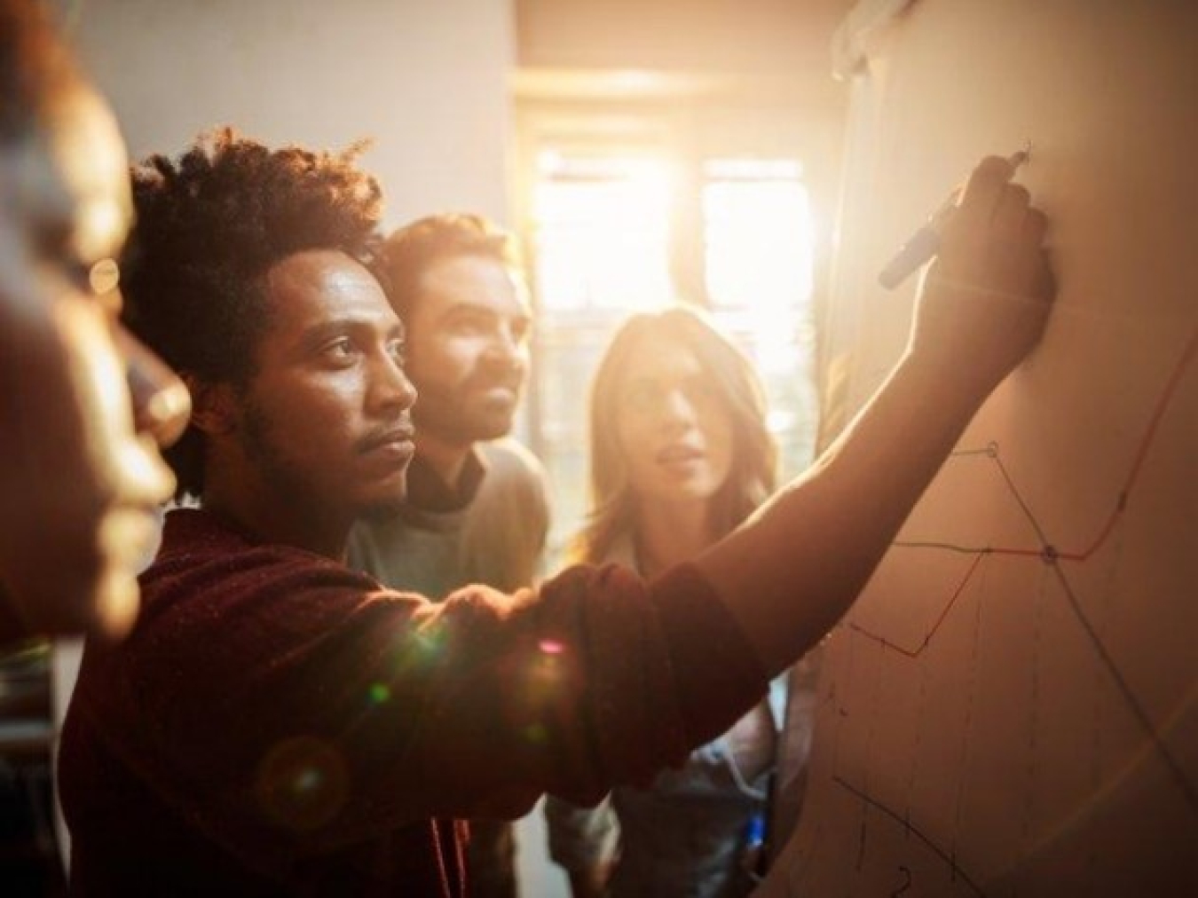 Team members sketching ideas on a whiteboard