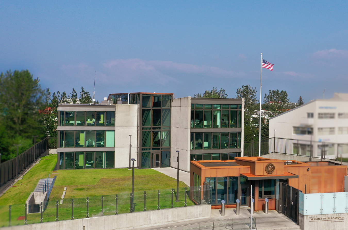 An outside view of the U.S. Embassy Reykjavik in spring.