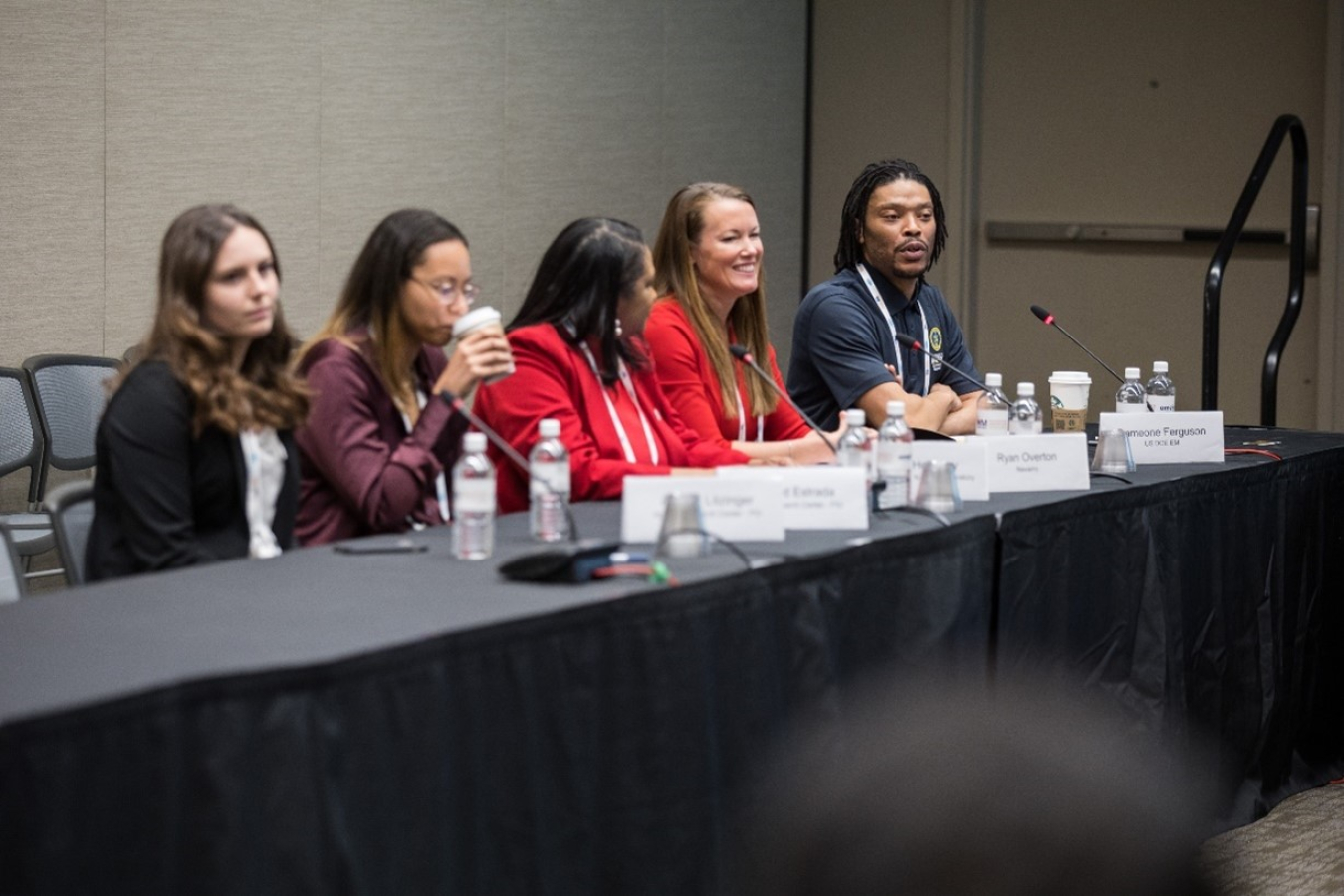 Dameone Ferguson, far right, from EM’s Workforce Management Office, serves as a presenter during a panel session titled, “Graduating Students and New Engineers - Wants and Needs - Are Companies Even Listening?” at the 2023 Waste Management Symposia in Phoenix, Arizona.