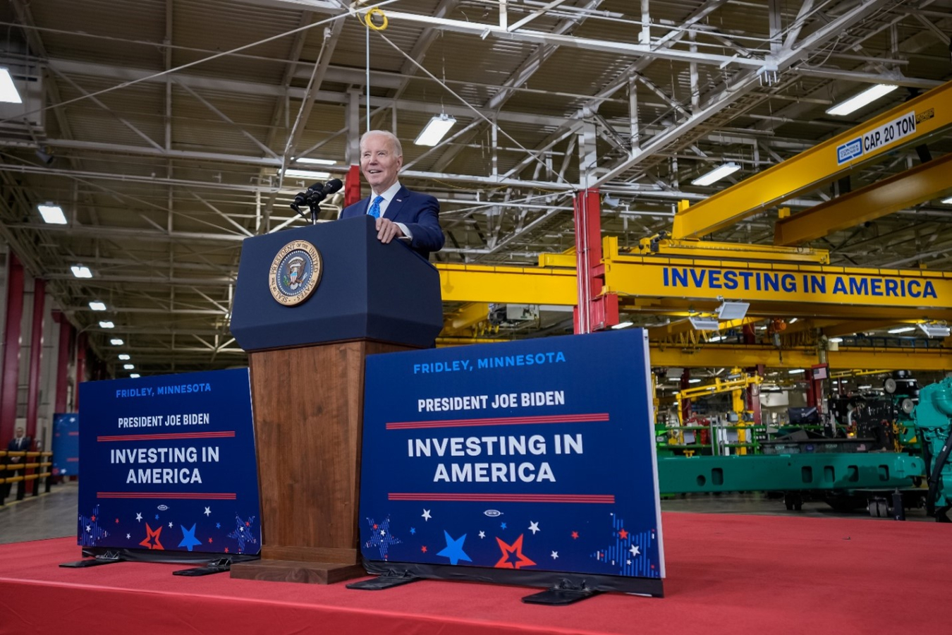 President Biden speaking at the Cummins Power Generation Facility in Fridley, Minnesota.