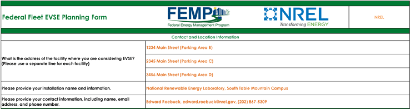 Screenshot of the contact and location information section of the Federal Fleet EVSE Planning Form