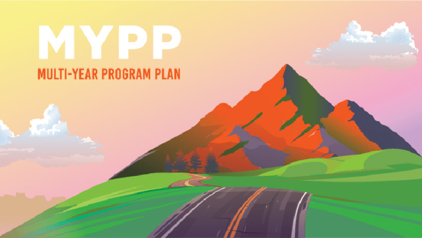 Graphic of a mountain scene in the distance, with a road leading to the mountains, and the words "MYPP: Multi Year Program Plan."