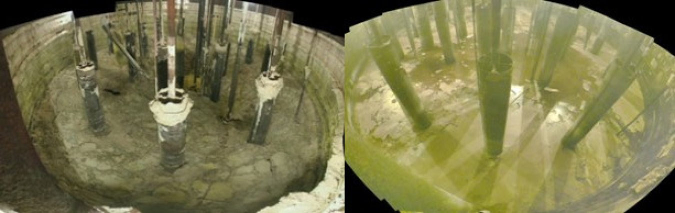 These photos were taken inside single-shell Tank AX-101 before Hanford Site workers started removing radioactive and chemical waste from it in January. Crews have removed 35% of the tank waste.