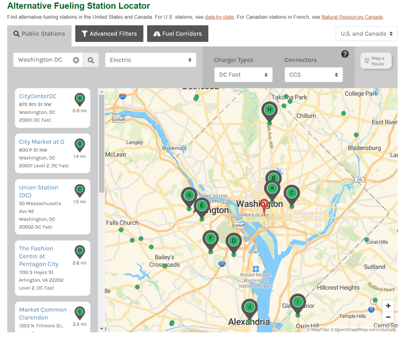 Screenshot of the Alternative Fueling Station Locator