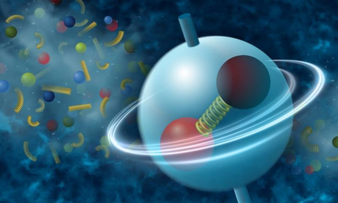 New data show that local fluctuations in the nuclear strong force in a hot soup of quarks and gluons (background) may influence the spin orientation of particles called phi mesons, a quark-antiquark pair held together by the strong force (foreground).