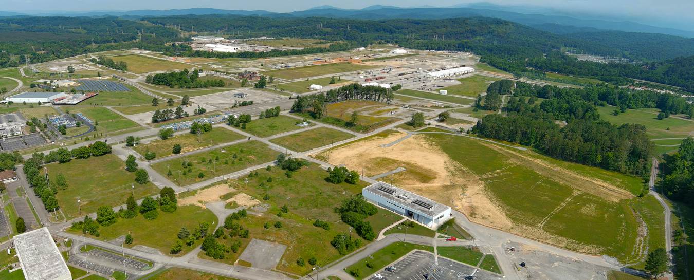 An aerial view of the East Tennessee Technology Park after demolition was completed on more than 500 old, contaminated buildings. Soil cleanup is scheduled to be complete next year, and planning is underway to determine how the Oak Ridge Office of Environmental Management will remediate groundwater at the site.