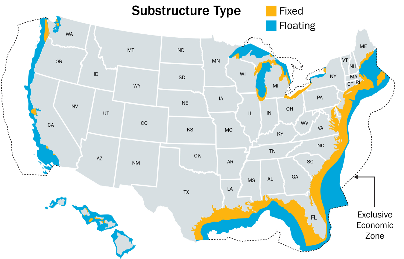 Map of the United States showing floating offshore wind energy potential.