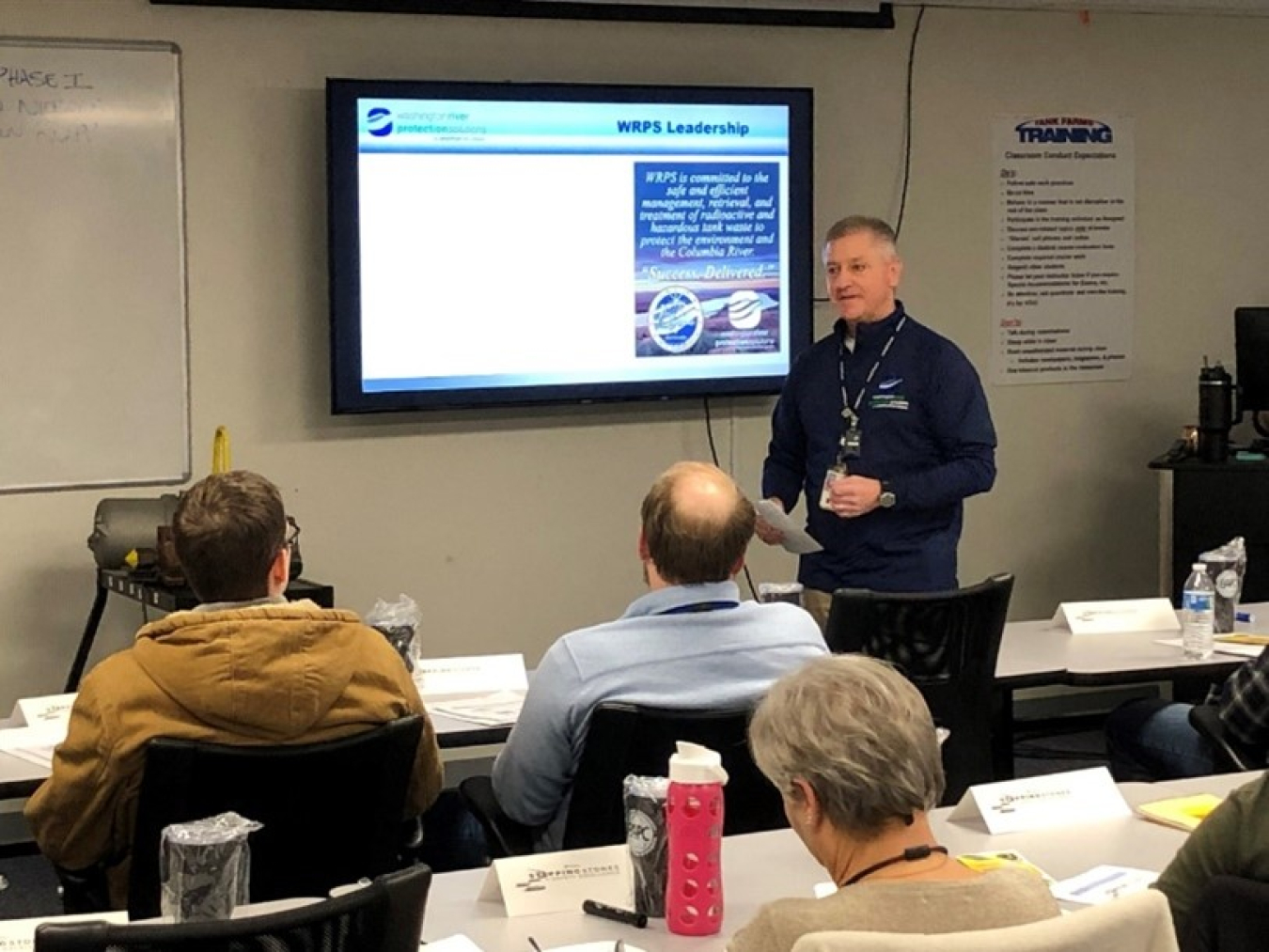 Washington River Protection Solutions President and Project Manager Wes Bryan welcomed approximately 40 new employees to a class specifically tailored to introduce employees to the Hanford Site’s safety culture and encourage participation in safety committees.