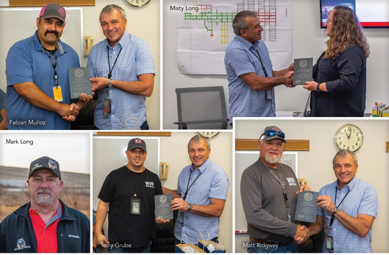 Ken Harrawood, president and program manager for Salado Isolation Mining Contractors, which manages and operates EM’s Waste Isolation Pilot Plant, recently presented members of its mine rescue teams a President’s Life Saving Award for putting their lifesaving skills into action, possibly saving a young woman’s life following a highway vehicle accident. Team members included, clockwise from top left, Fabian Muñoz, Misty Long, Matt Ridgway, Terry Grube and Mark Long.