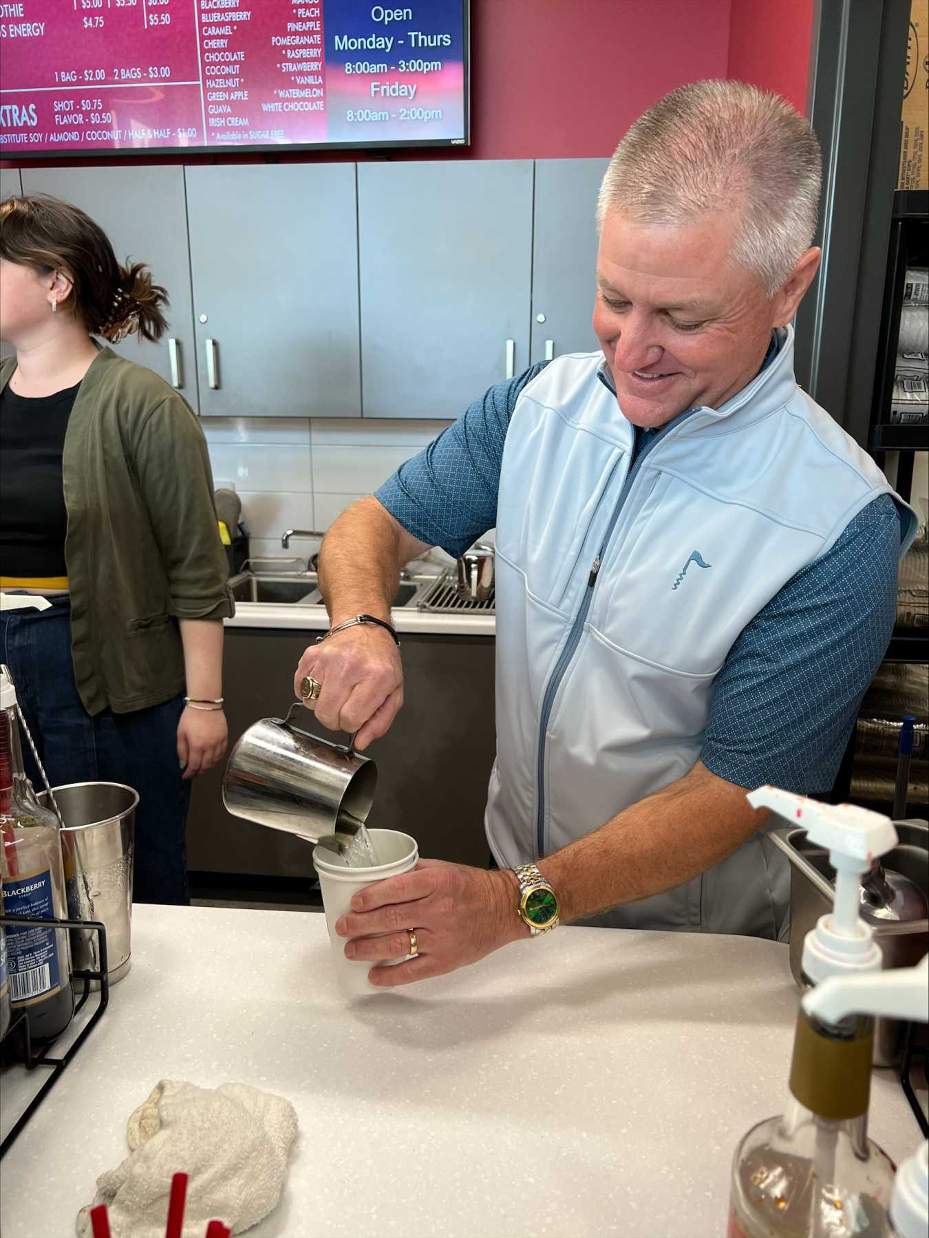 Washington River Protection Solutions President and Project Manager Wes Bryan works at the coffee shop on the Washington State University Tri-Cities campus as part of a student-and-recruiter engagement event earlier this month.