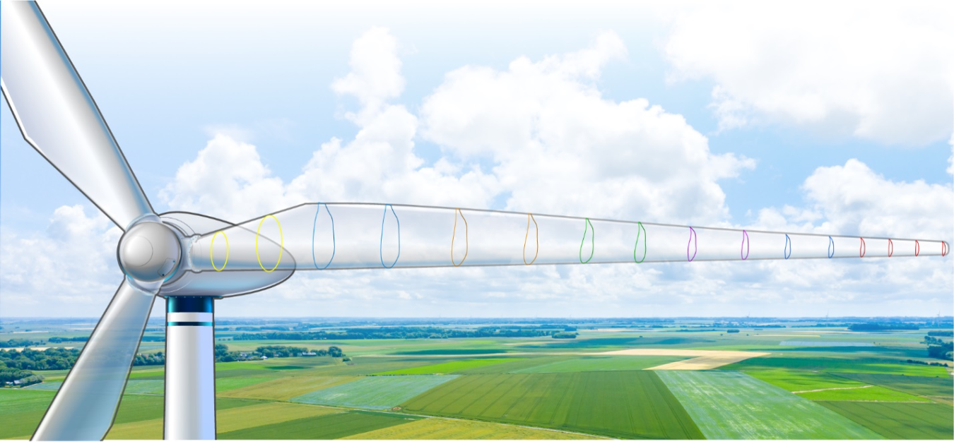 A drawing of a wind turbine in a rural field. One blade is transparent, showing airfoils.