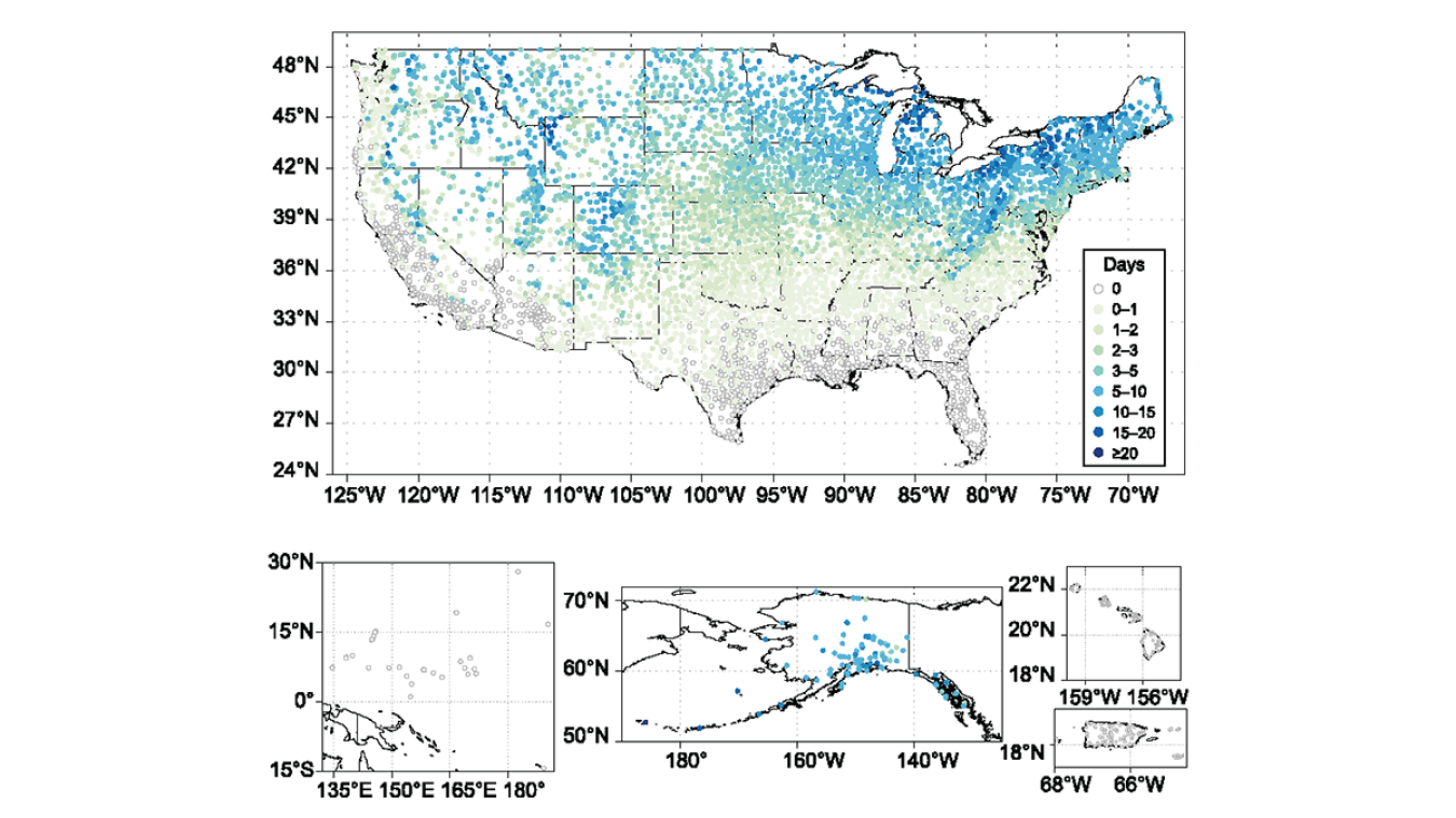 Map of the United States showing the average snowfall in January.