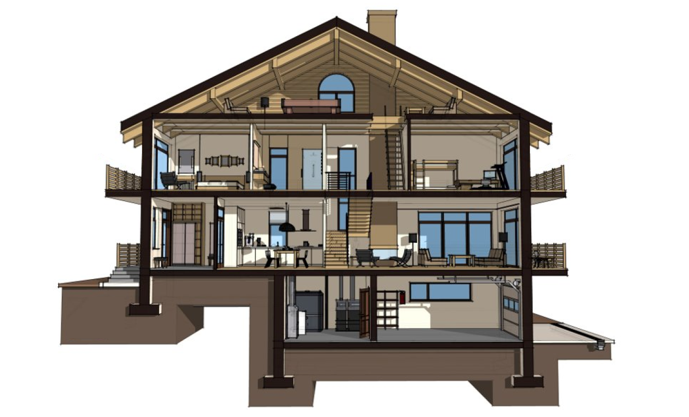 Cutaway diagram of a house, with four levels and various rooms shown.