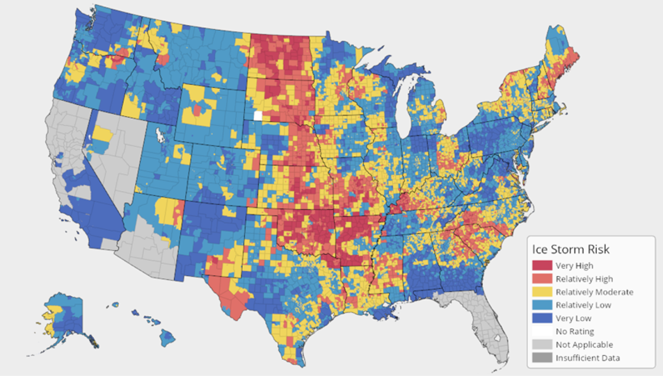 A map of the United States illustrating which areas are at higher risk for ice storms.