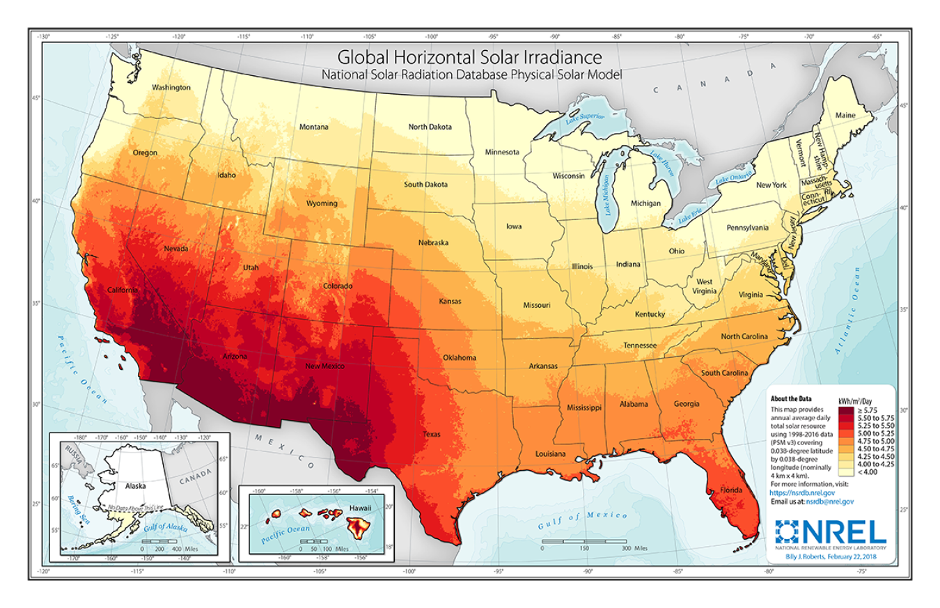 Heat map of the United States showing solar resource availability.