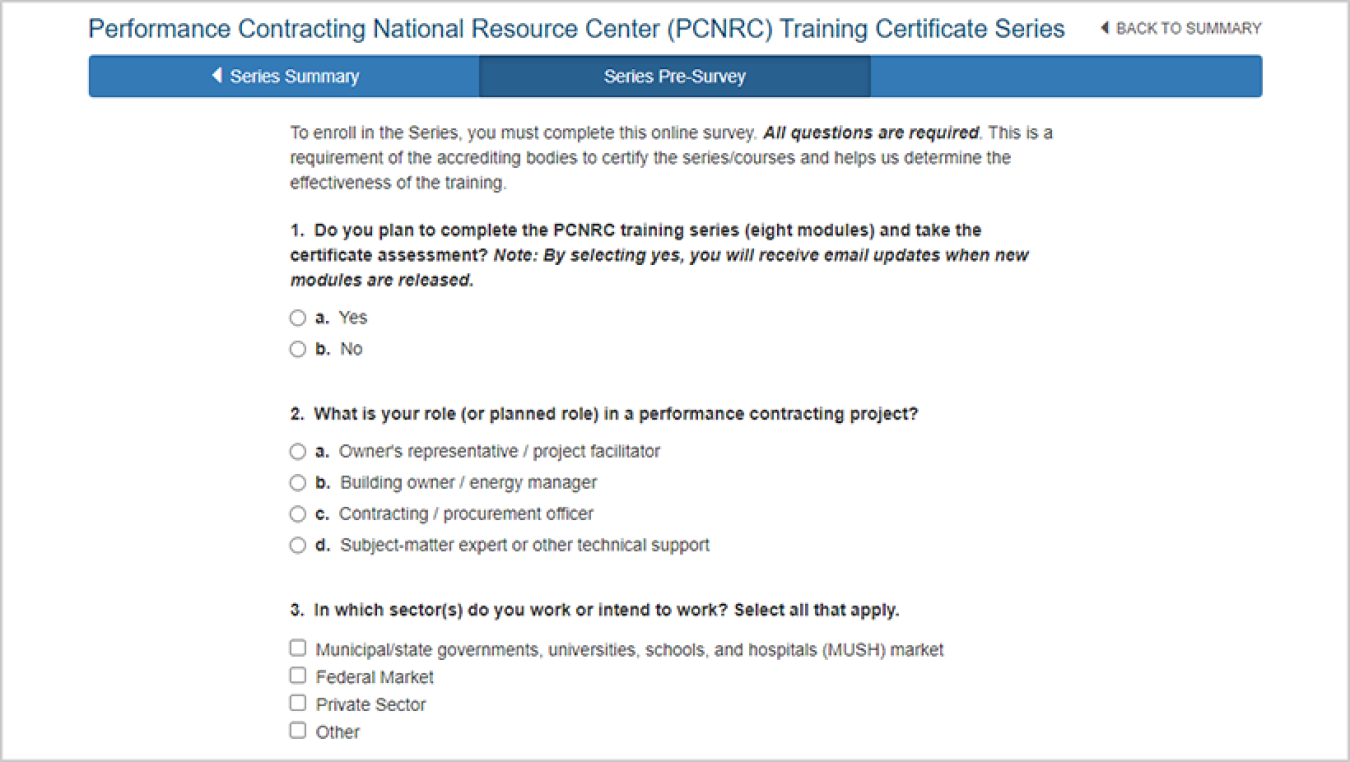 Questions from the PCNRC Training Certificate Series pre-survey.