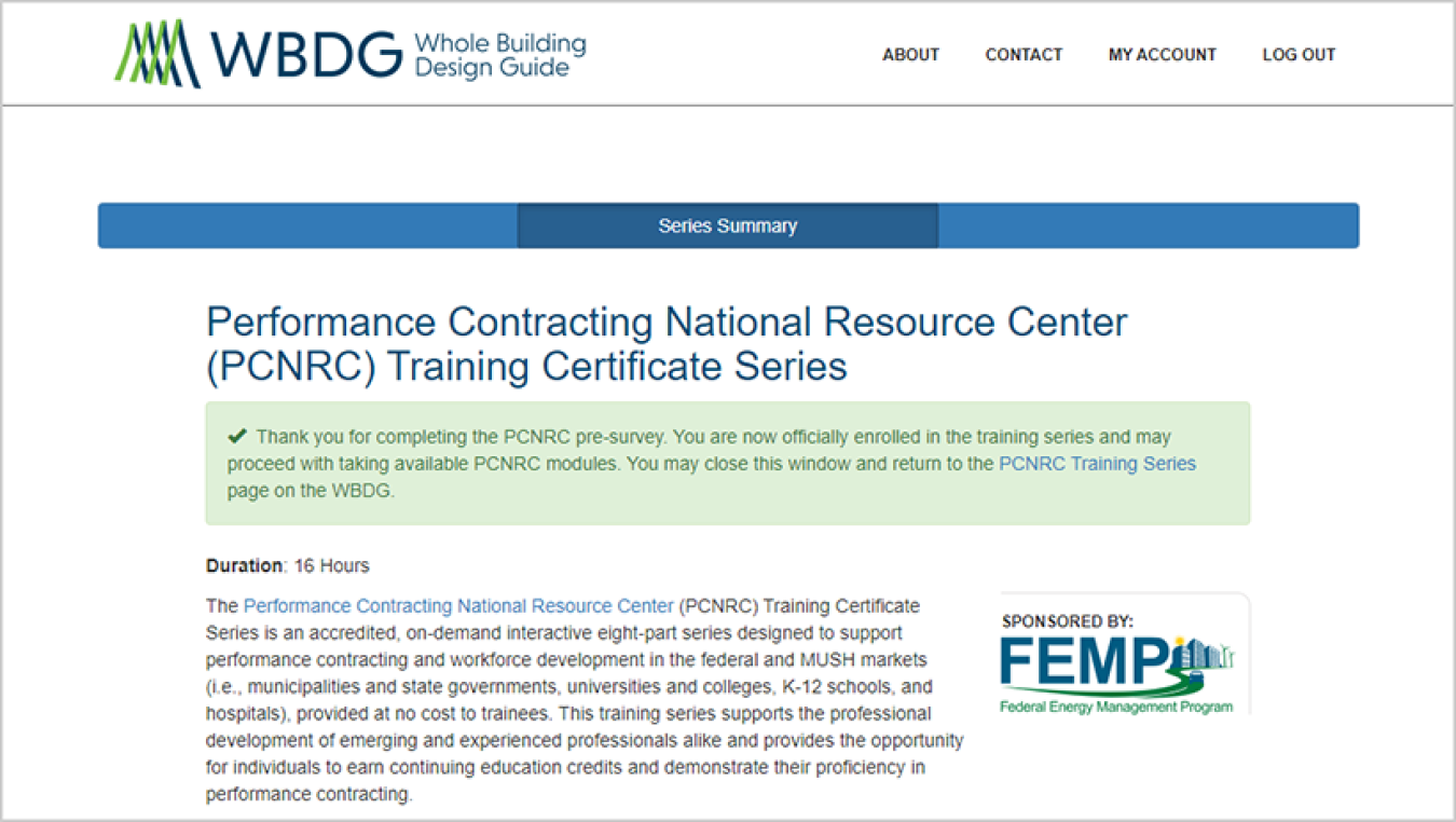 PCNRC Training Certificate Series Summary webpage with a banner stating you may now enroll in any available modules.