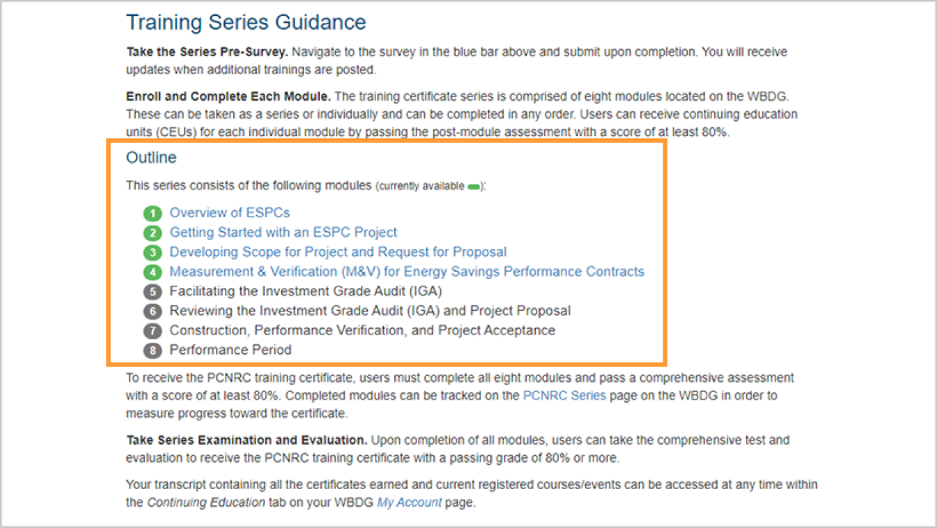 PCNRC Training Certificate Series Summary webpage section titled, "Outline" with a large rectangle around it. 