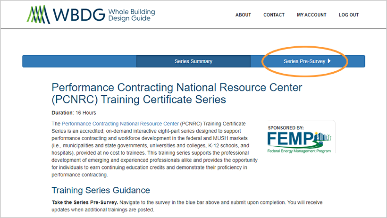 PCNRC Training Certificate Series Summary webpage with an orange elliptical around the "Series Pre-Survey" link.