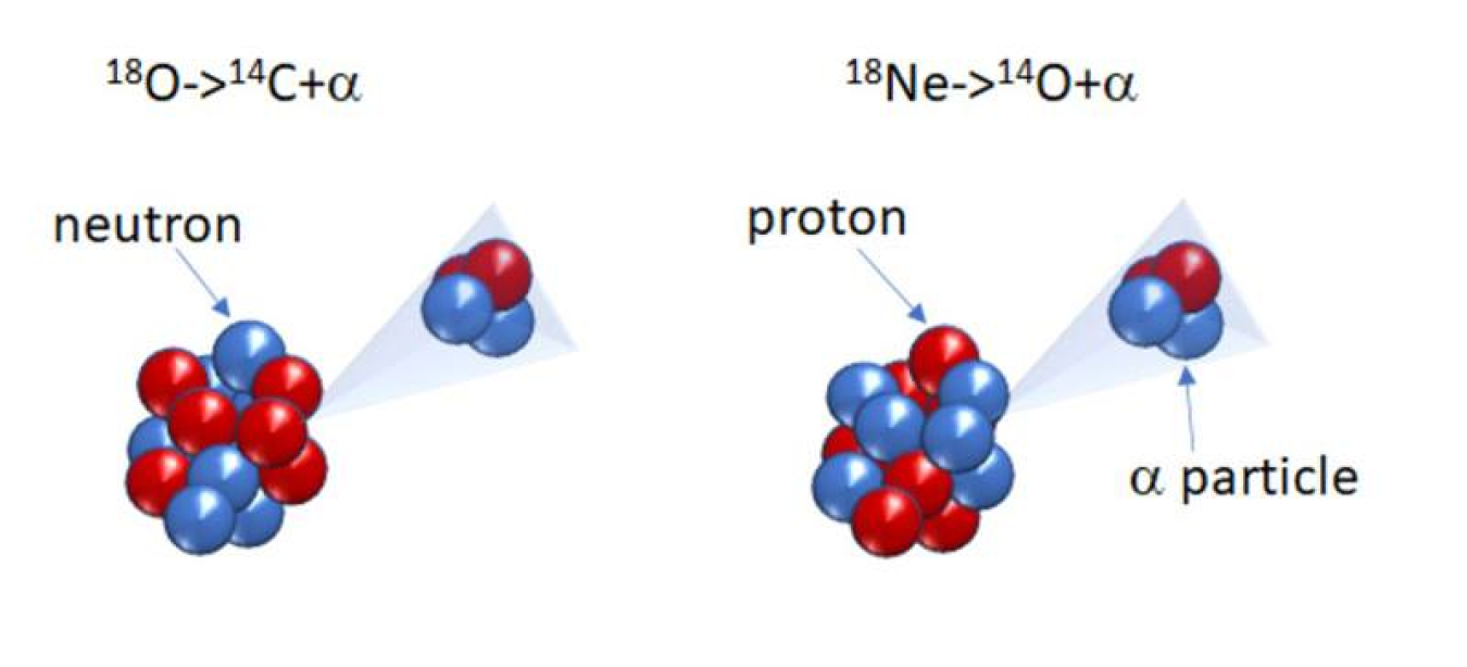 Mirror nuclei such as 18O & 18Ne have the same number of protons & neutrons (18). But while 18O has 8 protons & 10 neutrons, 18Ne has 10 protons & 8 neutrons. When they absorb enough energy, they can decay & emit an alpha particle (2 protons & 2 neutrons).