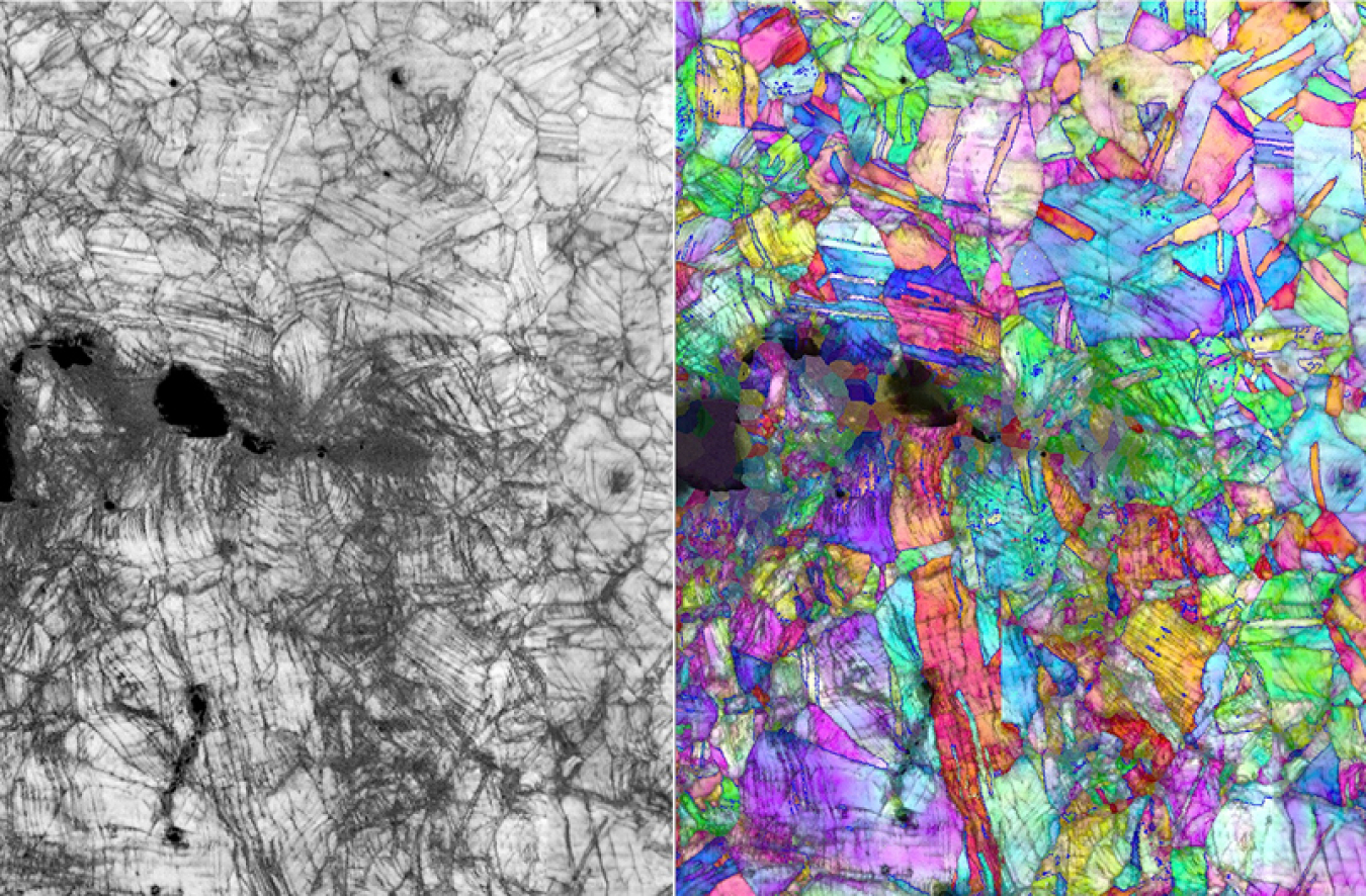 A microscopic image of the alloy showing how it fractures. It looks like stained glass with pieces of many different colors.