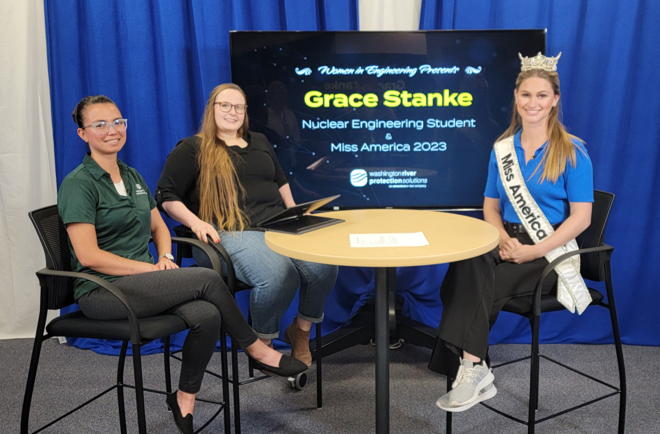 From left, Washington River Protection Solutions engineers Jennifer Kadinger and Brittney Atterbury speak with nuclear engineering student and Miss America 2023 Grace Stanke during a Women in Engineering virtual meeting for Hanford Site employees.