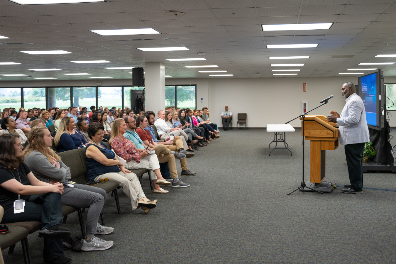 Student interns learn what it takes to have a successful internship experience at Savannah River Nuclear Solutions (SRNS) from Sean Alford, SRNS executive vice president and chief administrative officer, during the internship program’s meet-and-greet.