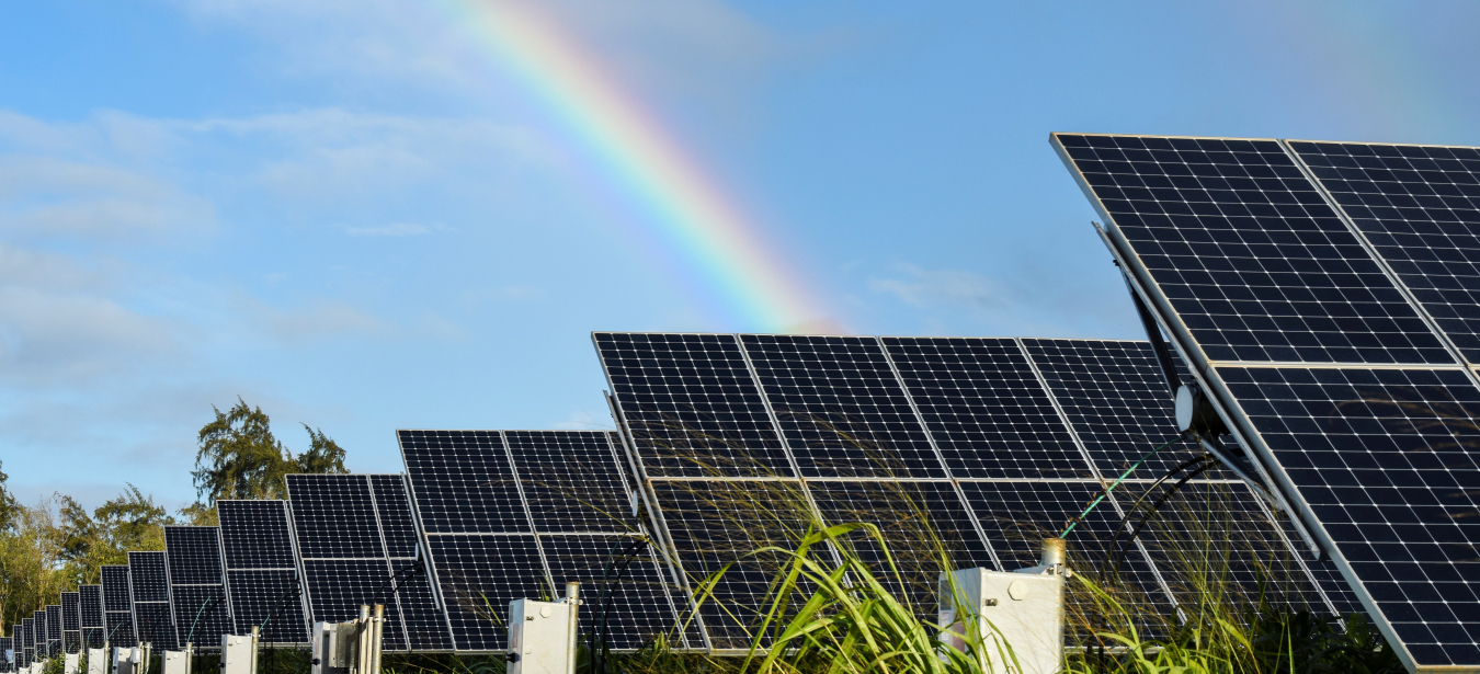 A rainbow over a solar array in Hawaii