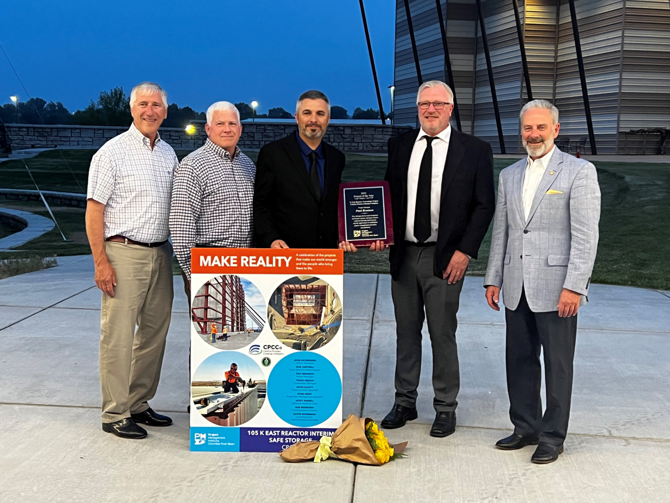 Members of EM contractor Central Plateau Cleanup Company’s (CPCCo) winning project team include, from left, Scott Parnell, Rob Cantwell, Travis Creach, Paul Branson and John Eschenberg, CPCCo president.