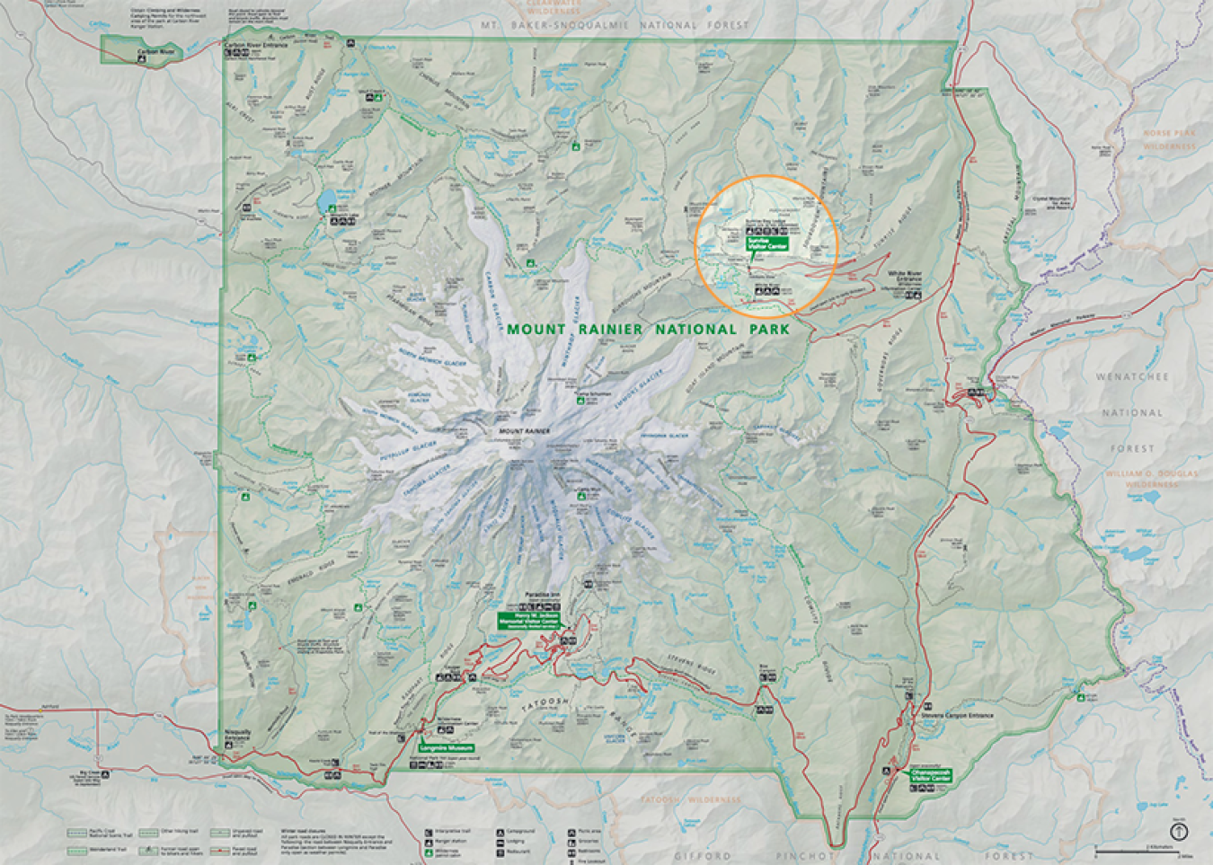 Mount Rainier National Park map showing location of Sunrise.