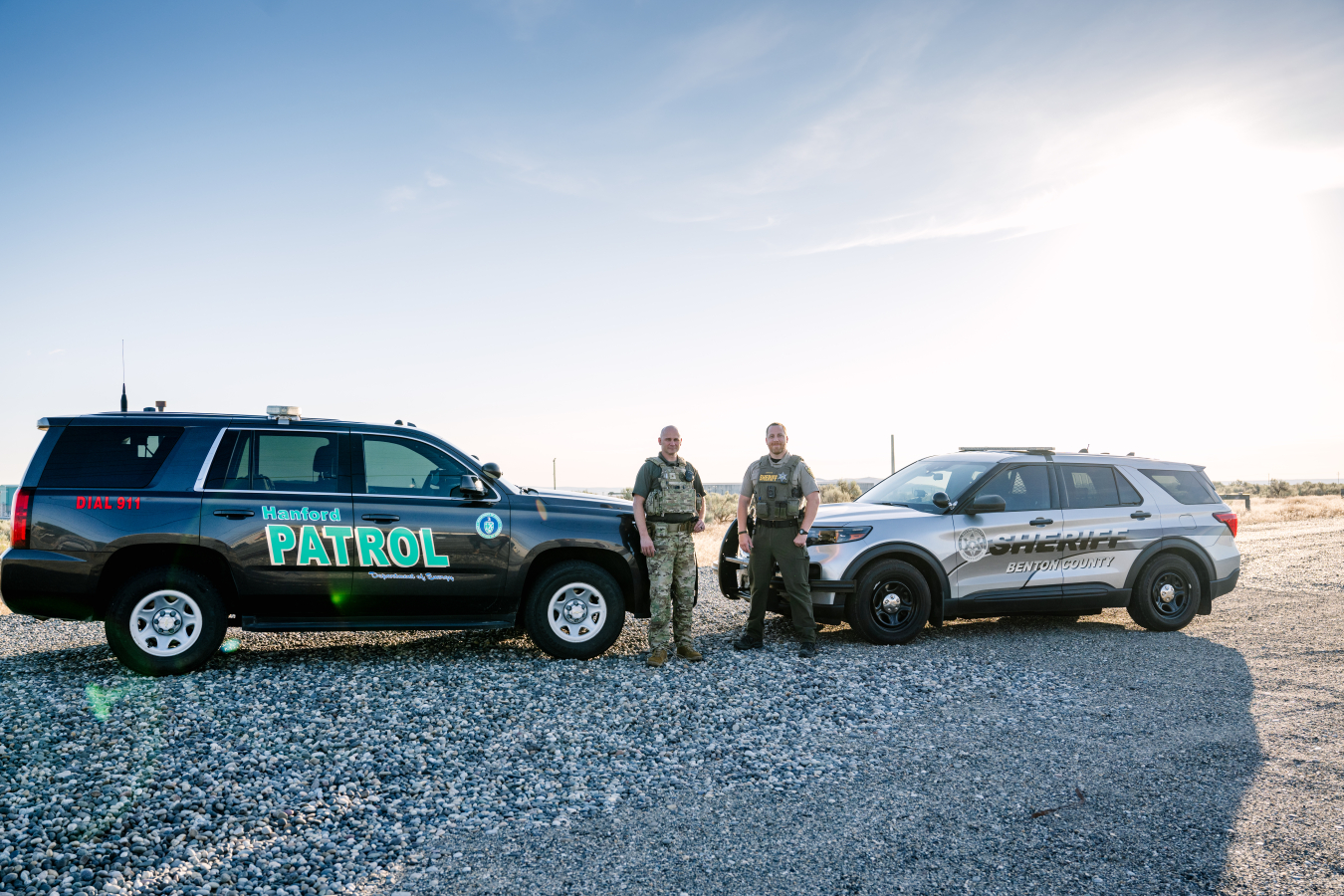 EM Richland Operations Office contractor Hanford Mission Integration Solutions has established a partnership with local law enforcement to encourage traffic safety. Hanford Patrol Deputy Chief Jason Gessner, left, and Benton County Sheriff’s Deputy Grant Larson are part of the effort to ensure safety on the Hanford Site.