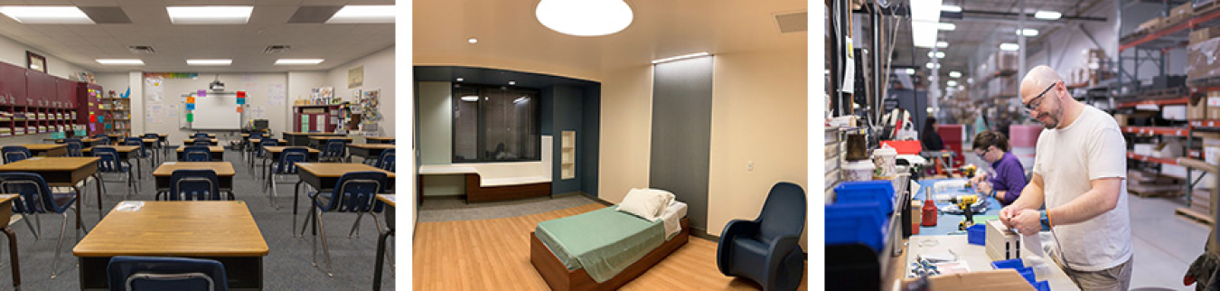 Three spaces with tunable lighting systems: at left, a classroom; at center, a hospital room; and at right, a factory.