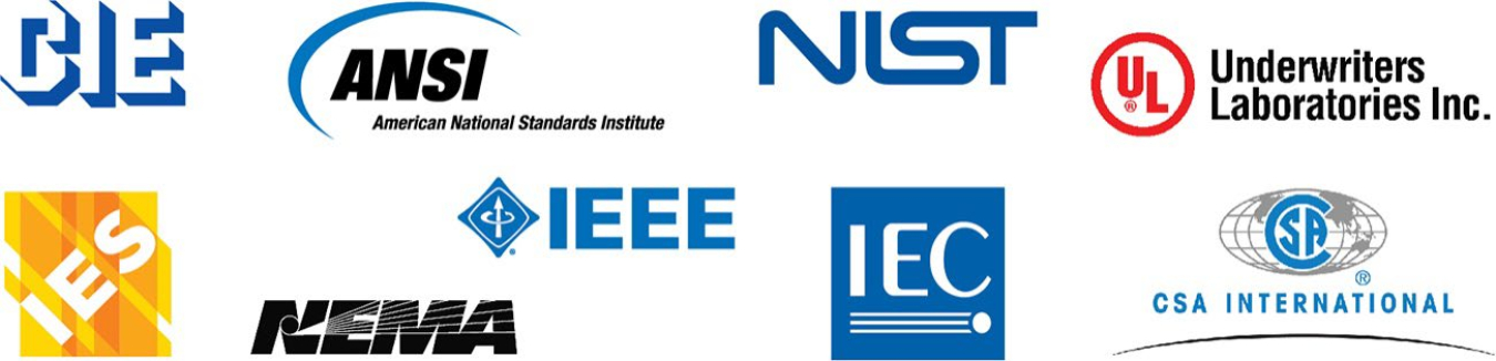 A grouping of logos from CIE, IES, ANSI, NEMA, IEEE, NIST, IEC, UL, and CSA International.