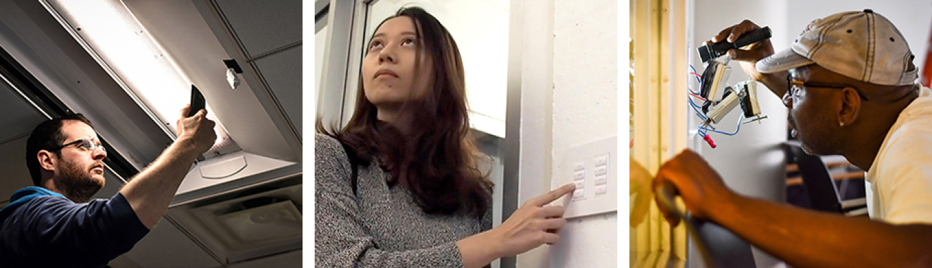 At left, a man holds a phone near a sensor; at center, a woman presses a button on a wall control panel; at right, a man checks the wiring of a wall control panel.