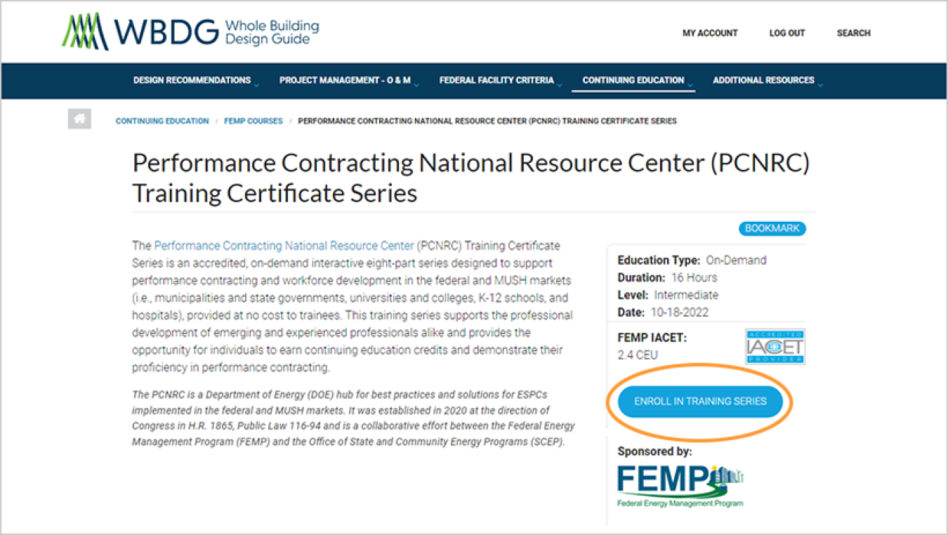 PCNRC Training Series webpage with a circle around the "Enroll" button.