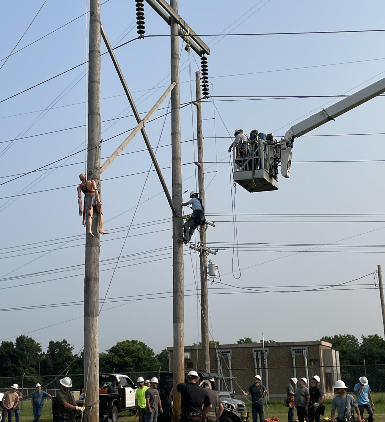 crews training for fall protection. some lifted up in a bucket truck, some on the pole, some watching from the ground.