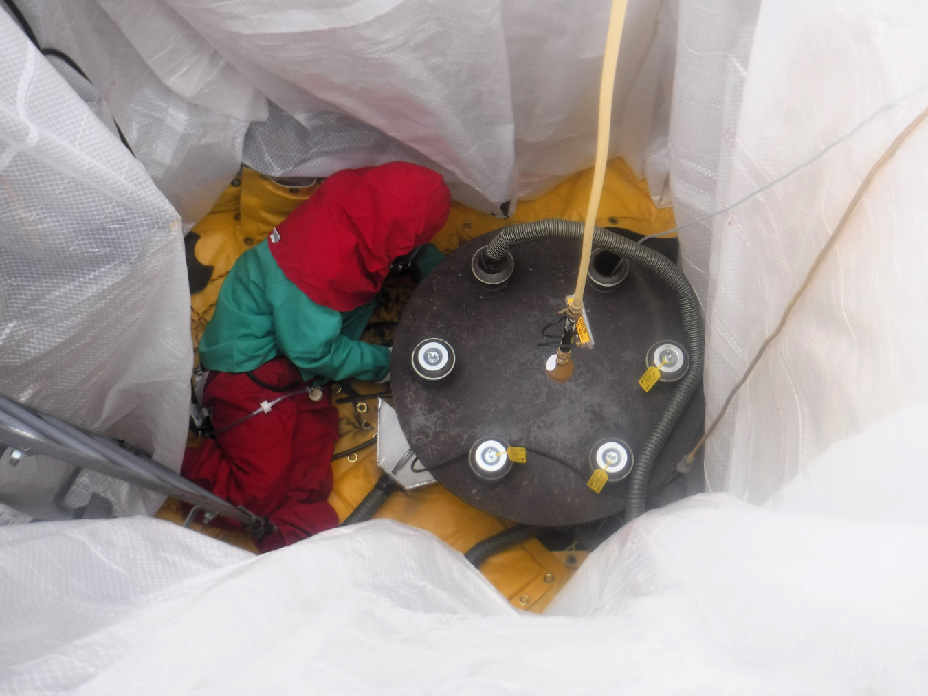 It took two days for two pipefitters working inside the Tank A-102 enclosure on the Hanford Site to break some welded equipment free.