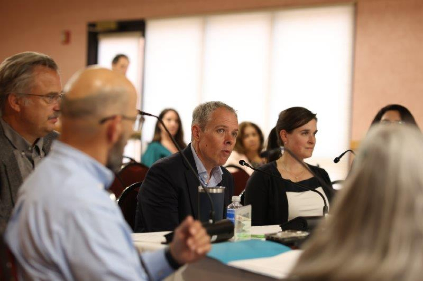 EM Senior Advisor William “Ike” White met with members of the Northern New Mexico Citizens’ Advisory Board last week during a trip to New Mexico. White expressed appreciation for the board’s service and fielded a variety of questions from members. From left: Brad Smith, Newport News Nuclear BWXT Los Alamos president and general manager; Michael Mikolanis, EM Los Alamos Field Office (EM-LA) manager; White; and S. Elizabeth Gilbertson, EM-LA deputy manager.