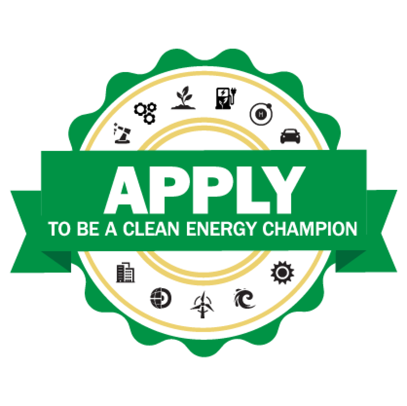 A green seal with logos, with a ribbon including the text "Apply to be a Clean Energy Champion" overlaid on it