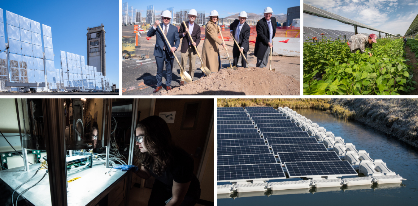 Collage of different innovative solar energy efforts